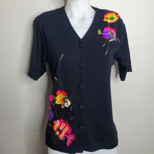 Lisa International || Black Fish Embellished Button Up Short Sleeve Shirt Small